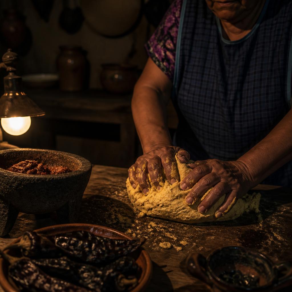 Manos artesanas amasando masa de maíz nixtamalizado con un molcajete de piedra